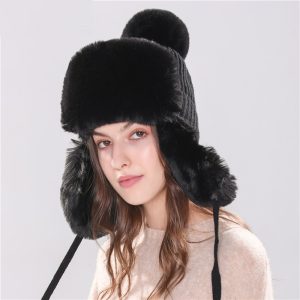 Hat With Ear Flaps Knitted Fur Cap