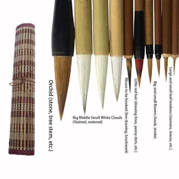 10Pcs Chinese Bamboo Calligraphy Brushes With Pen Curtain Set
