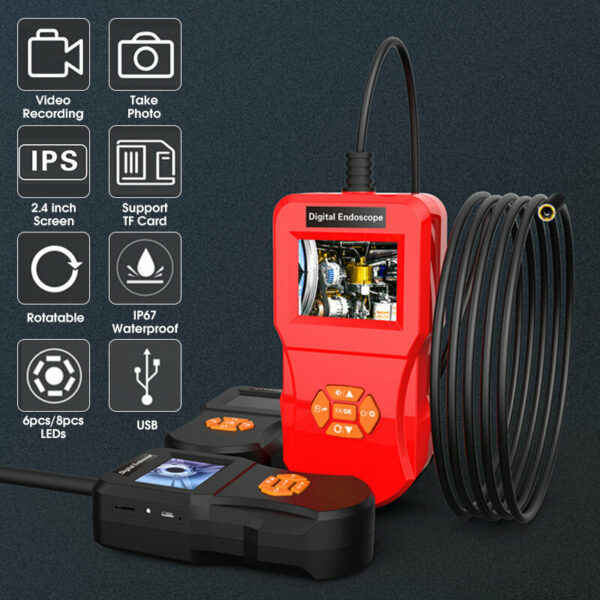 5.5mm Lens Inspection Camera Industrial Endoscopes IP67 Waterproof Borescope 2.4 Inch Screen with 8 LED
