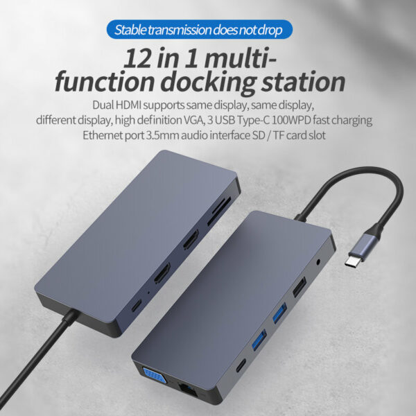 Blueendless 12 In 1 USB-C Hub Docking Station Adapter With USB 3.0 * 2 / USB 2.0 / 100W Type-C PD / Dual 4K HD Displayport / 1080P VGA / RJ45 Internet / 3.5mm Audio Jack / Memory Card Readers