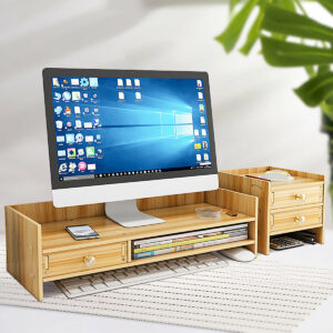 Multifunctional Wooden Monitor Riser Stand Desktop Holder File Storage Drawer for iMac