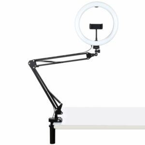 PULUZ 10.2 Inch 26cm Ring Curved Light Desktop Swivel Arm USB 3 Modes Dimmable LED Vlogging Selfie Lights with Telephone Clamp