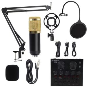 9in1 Condenser Microphone Kit Live Sound Card Microphone Stand Shock Mount Professional Mic Set for Broadcast Singing K Songs