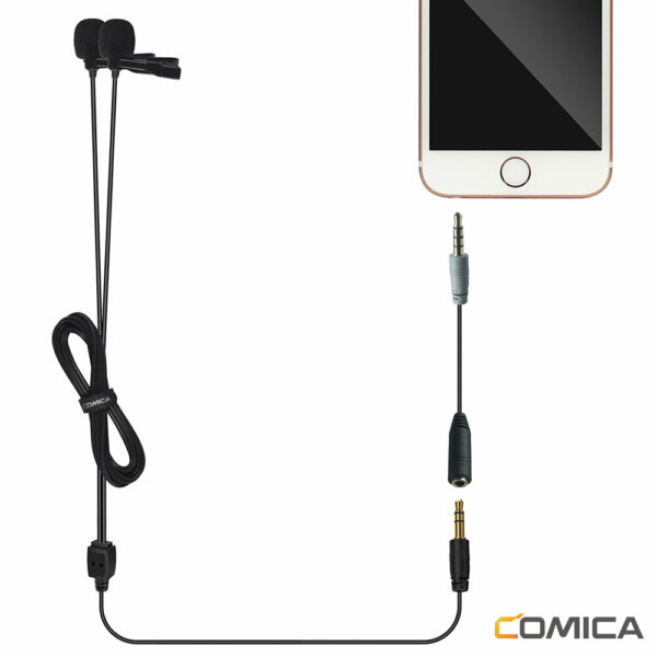 Comica CVM-D02 4.5m Dual-head Lavalier Microphone Clip-on Mini Omnidirectional Condenser Mic Interview Microphone for Sony for Canon  Camera Mobile Phone