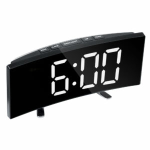 LED Digital Alarm Clock Large Curved Mirror Screen Brightness Adjustable Electronic Time Date Temperature Display Table Clock