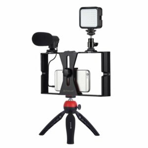 PULUZ PKT3095 4 in 1 Vlogging Live Broadcast Kit Smartphone Video Rig with LED Selfie Fill Light Microphone Tripod Mount Adapter Bracket