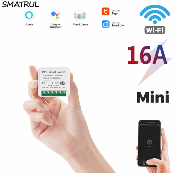 SMATRUL Mini Tuya 10A 16A Smart Wifi Switch Support Two Way Control Voice Remote Control Timing Function Work with Amazon and Google Home