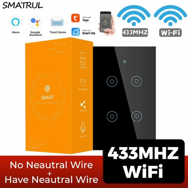 SMATRUL Tuya 433mhz Smart Wifi Touch Switch Light US No Neutral Wire Required Remote Timing Control On Of for Alexa Google Home
