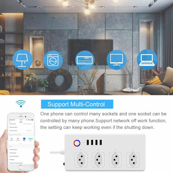 WIFI Smart Power Strip Brazil plug Cord With 4 USB And 4 AC Plugs Smart Power Bar Multiple Outlet Extension