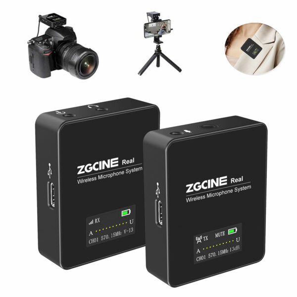 ZZGCINE GO 1V1 UHF Wireless Lavalier Lapel Microphone System with Transmitter and Receiver for Smartphones Camera