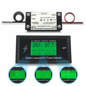 100A 300V DC Energy Meter Energy Monitoring 8 in 1 Measurement Voltage + Current + Power + Battery Capacity + Impedance + Temperature + Energy + Time + External Waterproof Temperature Probe