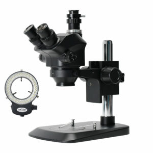 7X-50X High Quality Simul-Focal Lab Trinocular Binocular Stereo Microscope 2.0X Barlow Objective Lens with 144 LED Light