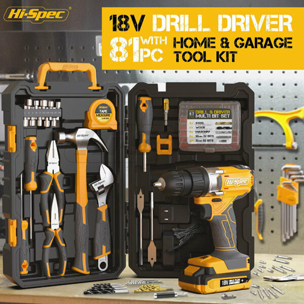 Hi-Spec 80 Piece 18V Drill Driver & Home Garage Tool Kit Set Complete DIY Repair with Electric Power Screwdriver & Drill for The Household Office & Workshop